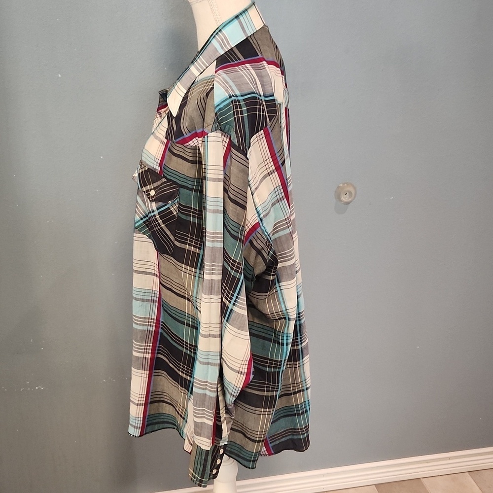 Vintage 80's Cowboy Cut Regular Fit X-long Tail Western Pearl Snaps Plaid Shirt - Picture 3 of 8